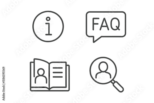Information and Knowledge Sharing Line Icon Set – Thin Linear Vector Pictograms of Info, FAQ, Manual, Search, Guidance, Instruction, Help, User Support, Customer Service, Reference, Assistance