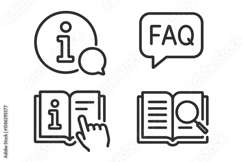 Information and Knowledge Sharing Line Icon Set – Vector Pictograms of Info, FAQ, Manual, Search, Guidance, Instruction, Thin Linear Style, Editable Outline, Modern Business Concepts