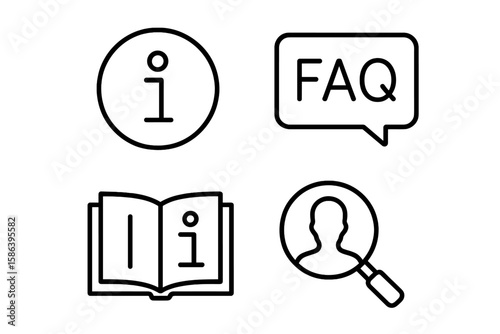 Information and Knowledge Sharing Line Icon Set – Vector Pictograms of Info, FAQ, Manual, Search, Guidance, Instruction, Thin Linear Style, Editable Outline Symbols for Help and Support Concepts