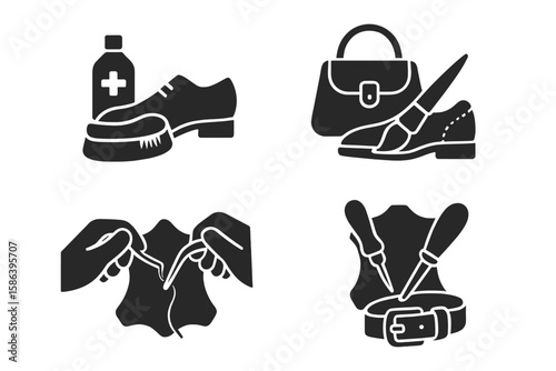 Leather and Shoe Repair Icon Set – Footwear Restoration, Bag Repair, Handcrafted Leatherwork, Maintenance Tools, Customization, Buckle Craft, Shoe Care, Leather Stitching, Service Symbols