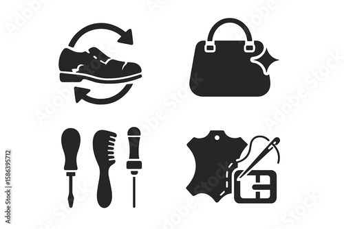 Leather and Shoe Repair Service Icon Set – Footwear Restoration, Bag Cleaning, Handcraft Tools, Leathercraft, Buckle Repair, Customization, Maintenance, Shoe Care, Accessories