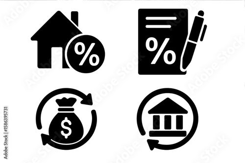 Finance and Loan Icon Set – Mortgage, Interest Rate, Loan Agreement, Money Bag, Repayment, Banking, Credit, Black Silhouette Vector Collection