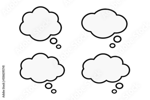 Thought Bubble Vector Set – Multiple Cloud-Shaped Thinking Bubbles with Bold Outlines, Blank Speech Balloons for Brainstorming, Creative Ideas, Conceptualization, Communication, and Design Projects