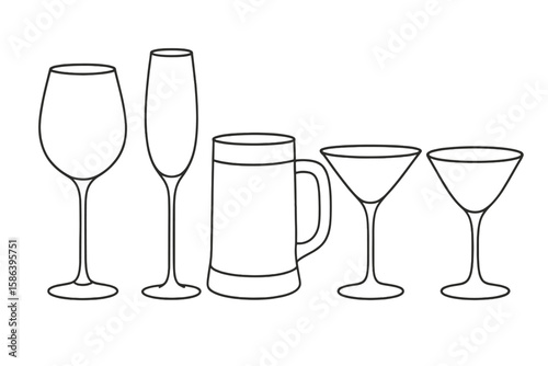 Elegant Line Art Collection of Diverse Drinkware Silhouettes: Wine Glass, Champagne Flute, Beer Mug, Martini and Cocktail Glasses, Minimalist Vector Illustration, Transparent Background
