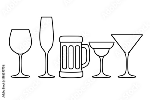 Elegant Line Art Collection of Diverse Drinkware Silhouettes – Wine Glass, Champagne Flute, Beer Mug, Cocktail Coupe, Martini Glass, Varied Barware Shapes, Minimalist Vector Illustration