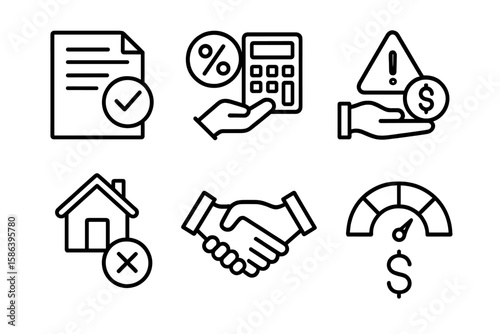 Loan and Financing Line Icon Set – Approval, Interest Rate, Repayment, Mortgage, Agreement, Penalty, Rejection, Calculator, Financial Risk, Credit Score, Handshake, Home Loan Concept