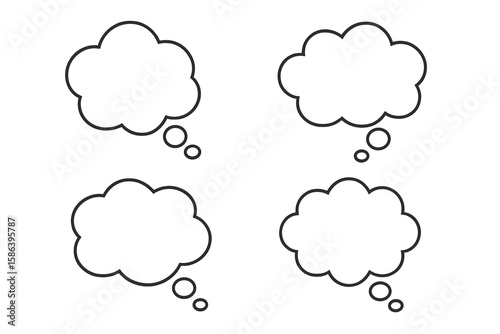 Thought Bubble Vector Set – Multiple Cloud-Shaped Thinking Bubbles Outline Icons for Brainstorming, Creative Ideas, Conceptualization, Mind Mapping, and Design Illustration