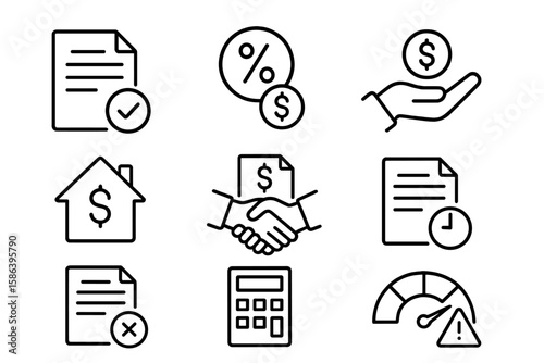 Loan and Financing Line Icon Set – Approval, Interest Rate, Repayment, Mortgage, Agreement, Penalty, Rejection, Calculator, Financial Handshake, Home Loan, Credit Score, Document Status