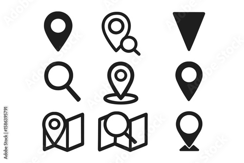 Black Location Pin Icons, Navigation Pointers, Magnifying Glass Search Markers, Map Symbols, GPS and Map Interface Elements, Vector Set for Mobile and Web Design Applications