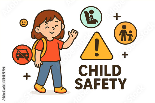 Child Safety Awareness Vector Illustration – Smiling School Girl, Safety Icons, Car Seat, No Cars, Parental Guidance, Caution Sign, Educational Design, Transparent Background