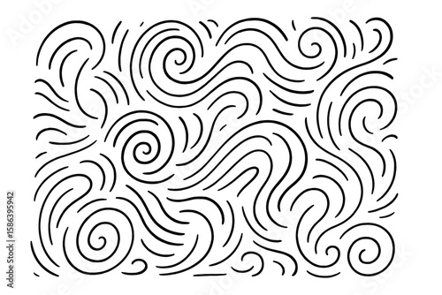 Dynamic Swirl Line Pattern Background. Abstract Hand-Drawn Ink Outline Vector Art. Seamless Curved Wave, Spiral, and Swirl Elements for Modern Design, Pattern, and Decorative Surface Applications