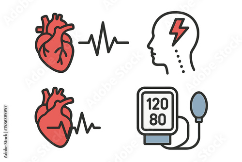 Comprehensive Medical and Healthcare Vector Illustration Featuring Cardiology, Heart Disease, Heart Attack, Stroke, Blood Pressure, Heartbeat, and Hypertension Concepts on Transparent Background