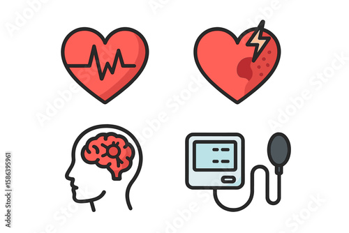 Medical and Healthcare Vector Icons Set: Cardiology, Heart Disease, Heart Attack, Stroke, Blood Pressure, Brain Health, Hypertension, Heartbeat, Emergency, Diagnostic Equipment, Transparent Background