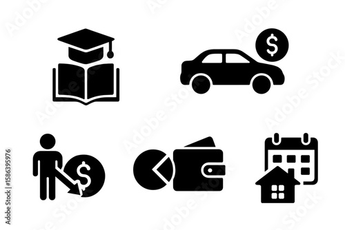 Personal Finance Planning Glyph Icon Set. Vector Pictograms of Education Loan, Graduation Cap, Car Purchase, Debt Payment, Budget Pie Chart, Wallet, Investment, Mortgage, Calendar, Home Ownership