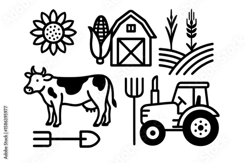 Farm and Agriculture Vector Icons Set. Barn, Tractor, Cow, Corn, Sunflower, Wheat, Farmland, Pitchfork, Shovel. Rural Farming Equipment, Livestock, Crops, Tools. Black Outline Illustration