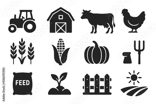 Farm and Agriculture Icon Set – Tractor, Barn, Cow, Chicken, Wheat, Corn, Pumpkin, Feed, Seedling, Fence, Pitchfork, Sun, Rural Farming Vector Illustration