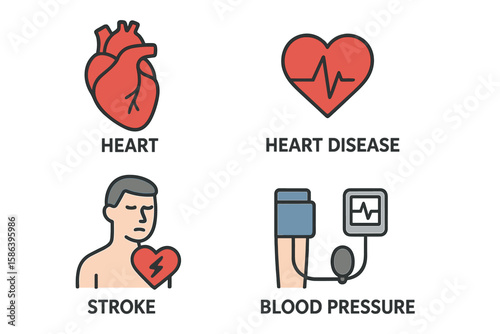 Medical and Healthcare Vector Illustration Set: Heart Anatomy, Heart Disease, Stroke, Blood Pressure Monitoring, Cardiology, Cardiovascular Health, Emergency, Transparent Background