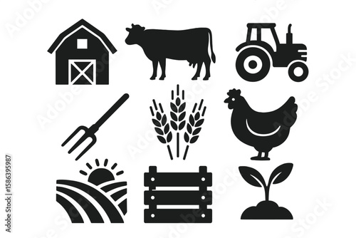 Farm and Agriculture Vector Icons Set – Barn, Cow, Tractor, Chicken, Wheat, Sunrise, Pitchfork, Seedling, Wooden Crate – Rural Farming, Livestock, Harvest, Countryside, Transparent Background