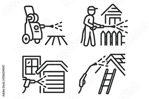 Pressure Washing Line Icon Set – Vector Pictograms of Power Washer, Deck, Patio, Fence, Siding, Garage, Window, Ladder, Roof Cleaning, Thin Linear Style, Home Exterior Maintenance