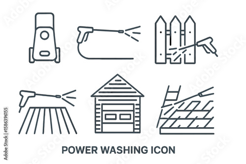 Power Washing Line Icon Set. Vector Pictograms of Pressure Washer, Deck, Patio, Fence, Siding, Garage, Window, Ladder, Roof. Thin Linear Cleaning Illustration for Home Exterior Maintenance