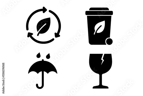 Eco-Friendly Packaging and Recycling Glyph Icon Set – Compostable, Biodegradable, Reusable, Fragile, Trash Bin, Leaf, Umbrella, Raindrop, Black Silhouette Vector Collection