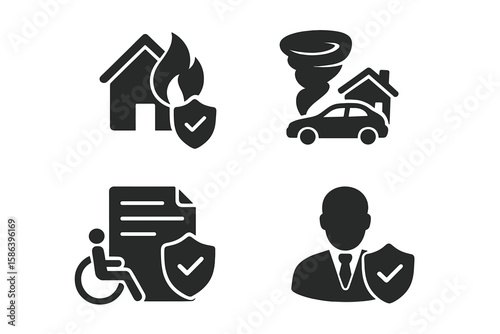 Comprehensive Property and Disaster Insurance Glyph Icon Set. Vector Pictograms of Home Fire, Tornado, Car Accident, Disability, Insurance Document, Agent, Security Shield, Black Silhouette Symbols