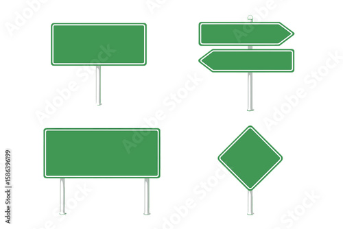 Set of realistic green road signs. Blank traffic sign mockup for highway or street direction. Vector illustration of empty information guideposts, arrows, and warning signs.