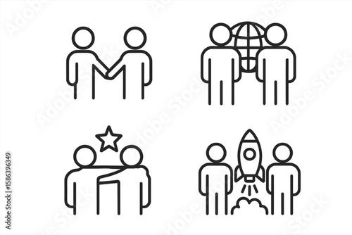 Teamwork and collaboration line icons set. Business partnership, global team, successful deal, and startup launch symbols. People working together for success and innovation.