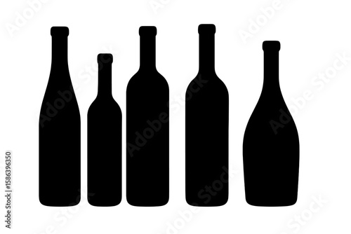 Silhouette of diverse wine bottles in stark contrast against white background, ideal for wine industry, beverage design, artistic vector illustrations, alcohol branding, and packaging