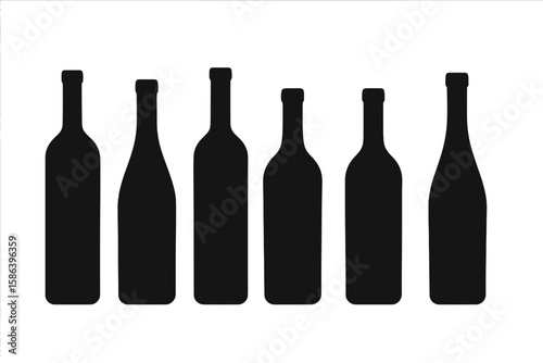 Wine Bottle Silhouette Collection, Diverse Bottle Shapes, Bold Black Silhouettes on White Background, Perfect for Wine Branding, Beverage Packaging, Bar Menu Design, Artistic Vector Illustration