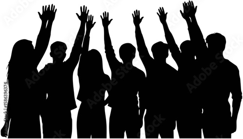 Silhouette of diverse youth group standing together with raised hands, representing unity, empowerment, and global youth solidarity for International Youth Day, black vector on white.