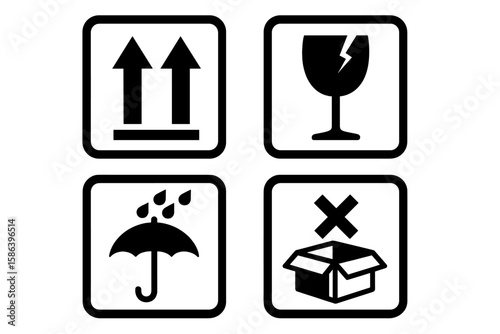 Set of 4 essential packaging symbols for cargo. Fragile, Keep Dry, This Way Up, Do Not Stack icons. Vector illustration for logistics, shipping, and handling labels.