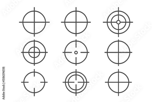 Crosshair icon set. Target and aim symbols. Simple line art vector. Sniper scope, gun sight graphic. Goal, focus, precision, accuracy concept. Military reticle collection.