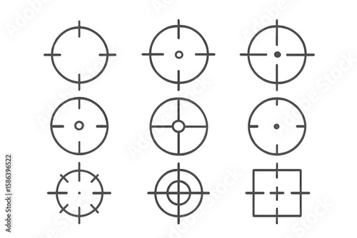 Aim target line icon set. Crosshair collection for weapon sight and scope. Vector reticle for hunting or military sniper. Bullseye for focus, precision and accuracy goal.