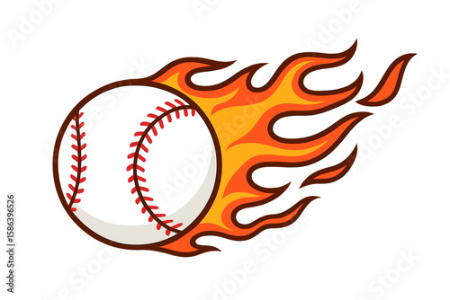 Burning baseball on fire. Flaming sport ball icon. Fast pitch or hit with speed and power. Vector illustration for team logo, sticker or competition design element.