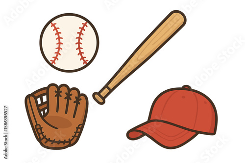 Baseball equipment vector icon set. Collection of sports elements including ball, wooden bat, leather glove, and red cap. Game gear illustration isolated on background.