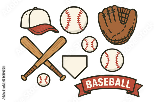 Baseball sport equipment set vector illustration. Collection of game elements with bat, ball, glove, and cap. Retro sports icons for league or championship design.