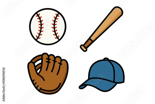 Baseball equipment set vector illustration. Collection of cartoon sports gear icons including ball, bat, glove, and cap. Isolated graphic design elements on a transparent background.