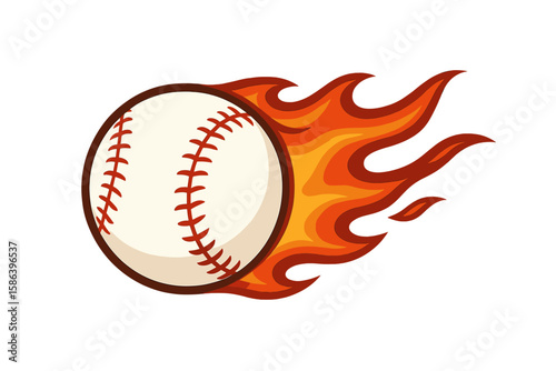 Flaming baseball vector illustration. Fiery fastball with speed trail. Sport logo icon for team mascot or competition. Power and energy concept. Isolated graphic element.