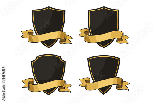 Black shields with golden ribbons vector set. Elegant heraldic emblems with gold banners for logo design, awards, or crests. Classic security and protection symbol collection.