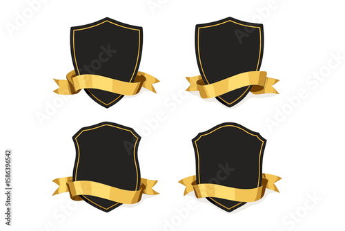 Black shields with golden ribbons vector set. Luxury emblem logo template for award, certificate, or quality guarantee. Realistic gold banner on dark shield badge collection.