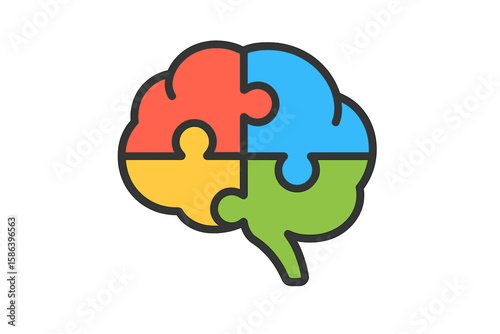 Brain puzzle logo for psychology and mental health. Jigsaw pieces as a symbol for autism, problem-solving, and teamwork. Mind and intelligence vector icon illustration.
