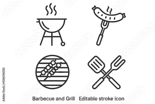 Barbecue Grill and Cooking Utensil Line Icons Set. Vector Illustration of BBQ Grill, Sausage on Fork, Skewers on Grate, Spatula and Fork. Editable Stroke for Web, App, Food Festival, Summer Picnic