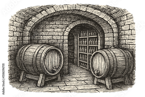 Vintage wine cellar engraving. Hand drawn sketch illustration of an old stone vault with wooden barrels and bottles. Retro vector for winemaking, alcohol storage, winery.