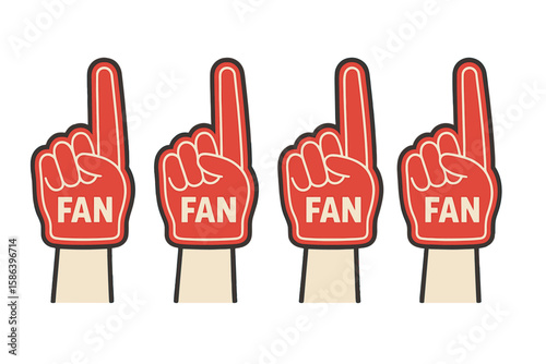 Fan foam finger hands up vector illustration set. Number one glove icon for sport game support. Cheering team equipment symbol isolated on transparent background graphic.