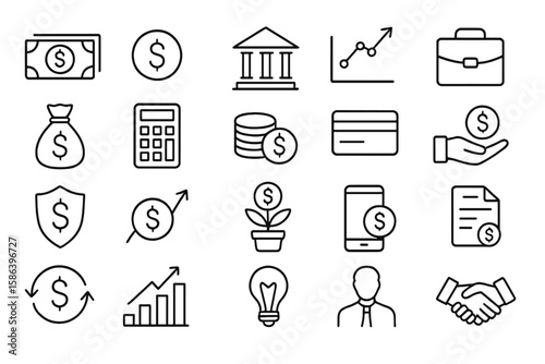 Finance and business line icon set. Vector symbols for investment, money, banking, payment. Financial growth, mobile banking, economy infographic outline icons for web design.