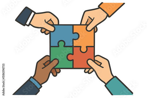 Teamwork collaboration concept with diverse hands connecting puzzle pieces. Business solution, strategy, and partnership metaphor. Unity and cooperation vector illustration.