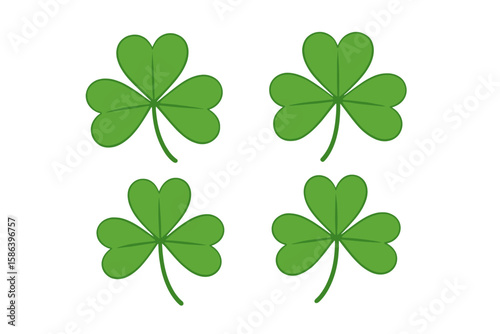 Set of four green shamrock or three-leaf clover icons. St. Patrick's Day symbol of Ireland. Lucky Irish plant vector illustration isolated on transparent background.