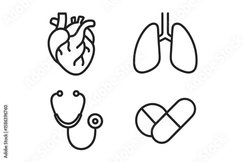 Set of 4 Linear Medical Icons in Outline Style, Healthcare and Medicine Series, Human Heart and Lungs, Stethoscope and Pills, Health and Treatment Symbols, Conceptual Vector Collection