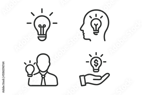 Business idea and innovation line icon set. Glowing light bulb in head and hand pictogram. Creativity, solution, and investment concept for mobile app and web design. Vector.